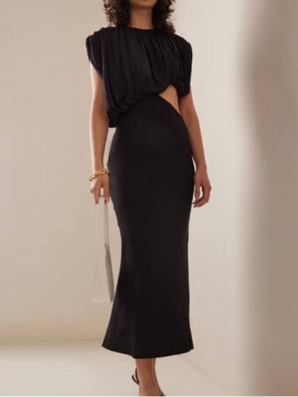 Elegant Black Cutout Midi Dress with Draped Bodice